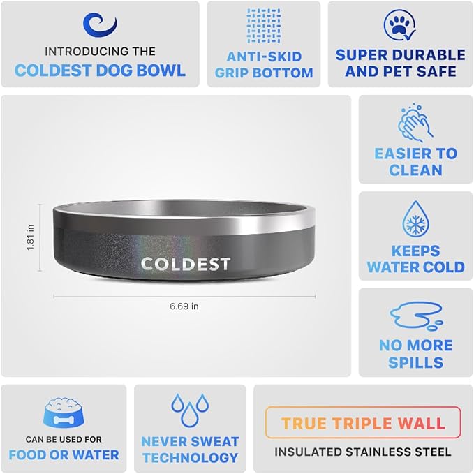 Coldest Dog Bowl - Anti Rust Metal, Non Slip, 3 Layers Insulated Stainless Steel Dog Bowls - Spill Proof & Heavy Duty - Water Bowl for Dogs, Cats & Pets, Dish Washer Safe (21 oz, Stardust Glitter)-PawvioPets