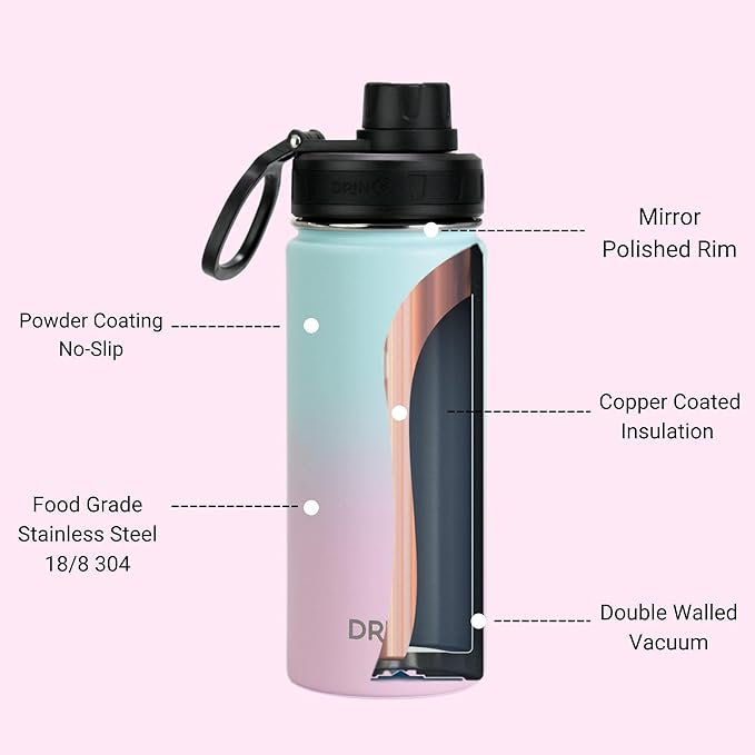 DRINCO Stainless Steel Water Bottle Spout Lid Vacuum Insulated Double Wall Water Bottle Wide Mouth (40oz 32oz 22oz 18oz 14oz) Leak Proof Keeps Cold or Hot (18 oz, 18oz Macaron)-PawvioPets