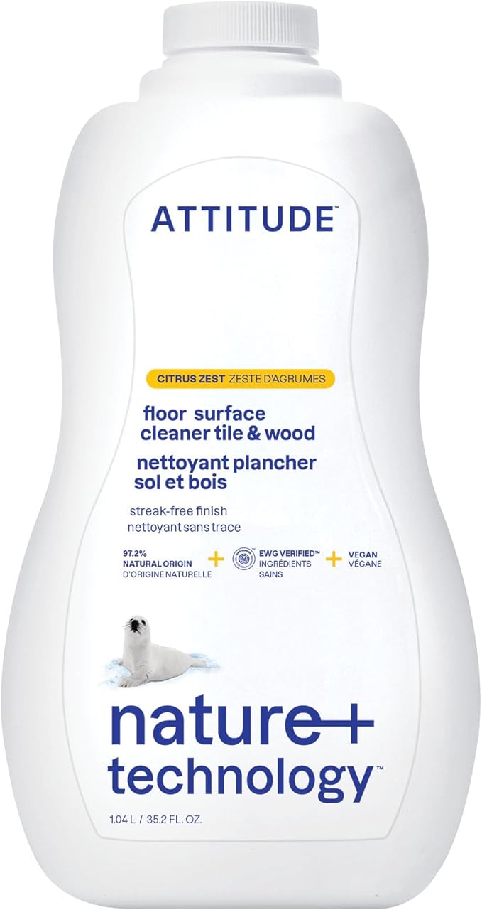 ATTITUDE Floor Cleaner, EWG Verified, Streak-Free, Vegan & Plant-Based for Tile, Wood & Laminate Floors, Citrus Zest Scent, 35.2 Fl Oz-PawvioPets