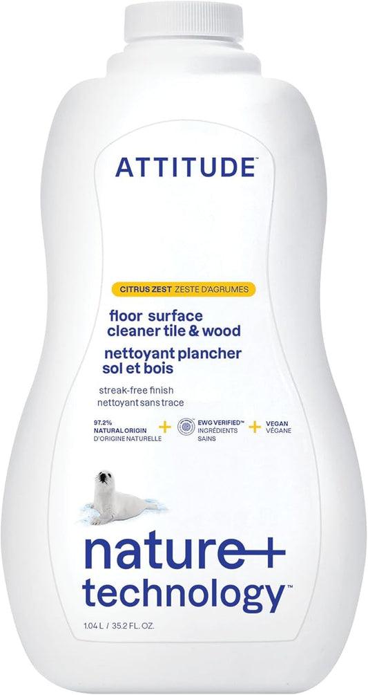 ATTITUDE Floor Cleaner, EWG Verified, Streak-Free, Vegan & Plant-Based for Tile, Wood & Laminate Floors, Citrus Zest Scent, 35.2 Fl Oz-PawvioPets