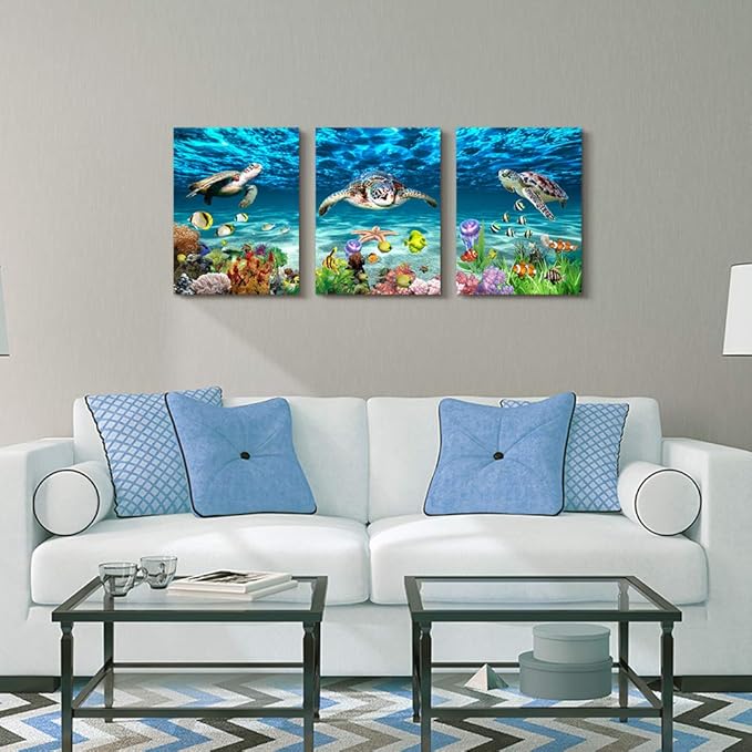 AHUASJART Canvas Wall Art for Living Room family Wall decor for Bedroom Bathroom Wall Decoration blue Ocean Sea Turtle Paintings Modern shark Pictures Artwork office Ready to Hang 12" x 16" 3 Piece-PawvioPets