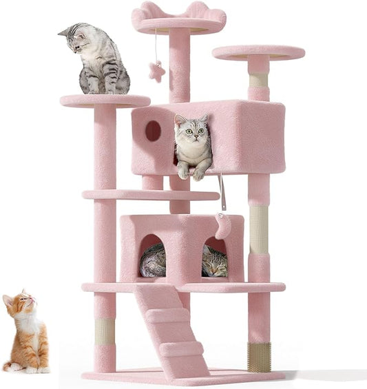 54" Cat tree Tower for Indoor Cats Large Adult,Cute/Tall Modern Cat Tree for Big Cats 20 lbs,Plush Multi-Level Cat Condo with Scratching Posts, Dangling Ball for fun play (Soft Pink, 54 inch)-PawvioPets