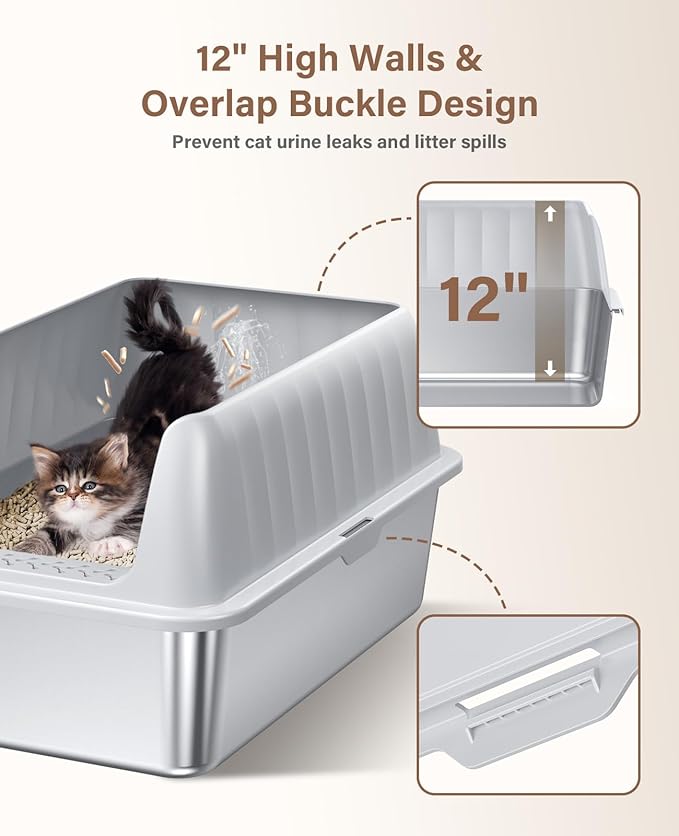 Cat Litter Box Stainless Steel XL with Lid, Enclosed Metal Extra Large Litter Box Pan High Sided with Scoop for Big Cats, Non-Sticky, Anti-Urine Leakage, Easy Cleaning-PawvioPets