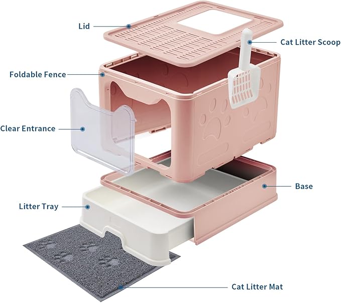Cat Litter Box with Litter Mat and Scoop, Large Foldable Litter Box with Lid, Front Entry Top Exit Kitty Box, Odor Control, Easy to Clean (Pink)-PawvioPets