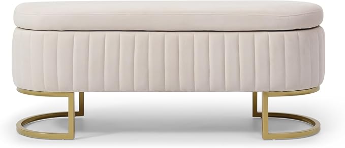 50" Sherpa Storage Ottoman Bench – Velvet Upholstered Bedroom Bench with Golden Metal Legs, Lift-Top Hidden Storage, Modern Footrest for Living Room, Entryway, Bed End (Beige)-PawvioPets