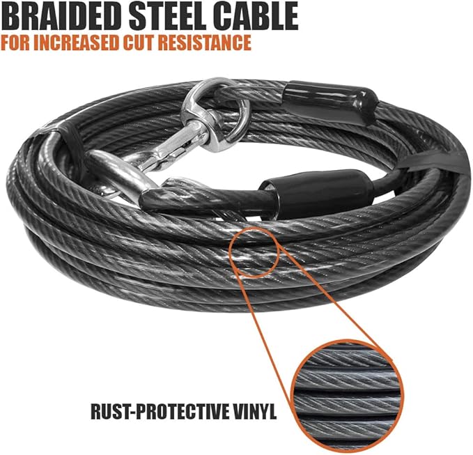 BV Dog Tie Out Cable 25 Feet - Heavy Duty Dog Lead Up to 250 Pounds - Reflective & Rust-Free with Quick Release Swivel Clips & 360° Rotating Clasp - Tangle-Free Dogs Runner for Yard (Grey, Pair)-PawvioPets