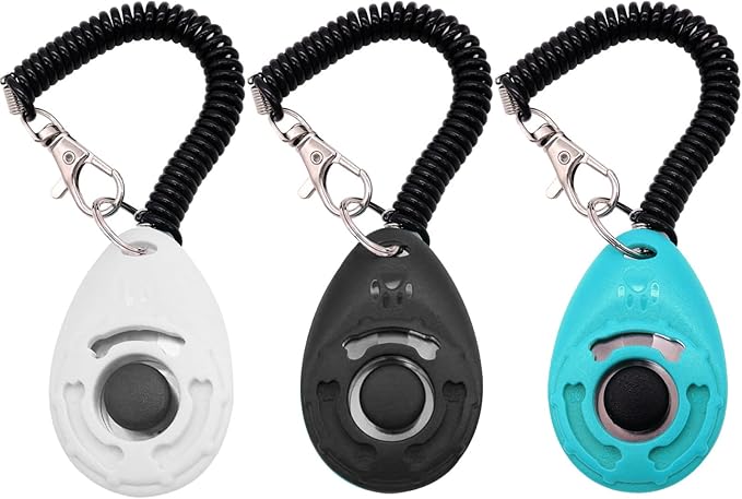 Dog Training Clicker with Wrist Strap Durable Lightweight Easy to Use,Pet Training Clicker for Cats Puppy Birds Horses,Perfect for Behavioral Training 3-Pack (Black,White and Water Lake Blue) (3)-PawvioPets
