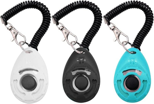 Dog Training Clicker with Wrist Strap Durable Lightweight Easy to Use,Pet Training Clicker for Cats Puppy Birds Horses,Perfect for Behavioral Training 3-Pack (Black,White and Water Lake Blue) (3)-PawvioPets