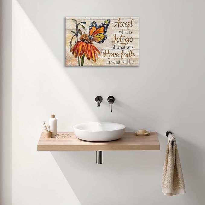 Farmhouse Butterfly Bathroom Pictures Wall Art, Rustic Floral Country Bathroom Wall Decor, Daisy Inspirational Framed Painting Canvas Artwork for Bedroom Living Room Decorations 24"L x 16"W-PawvioPets