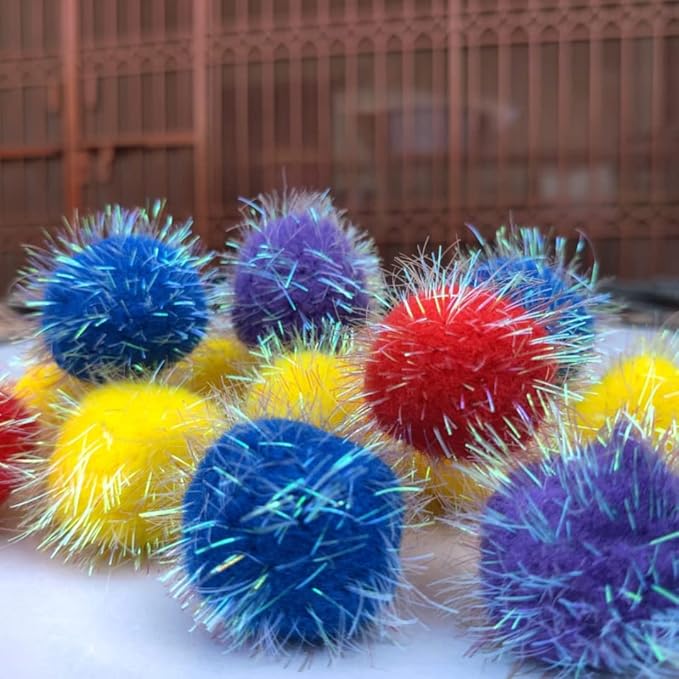 20 Pieces 2 inches Sparkle Pom Pom Balls for Cat - Interactive Glitter Balls, Multicolor, Best as Kitten Play Toys-PawvioPets