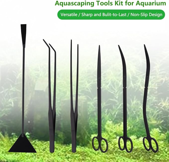 7-in-1 Aquascaping Tools Kit for Aquarium & Terrarium - Stainless Steel Long Tweezers, Curved Scissors, Algae Scraper, Feeding Tongs - Live Plant Trimming & Tank Cleaning Accessories-PawvioPets