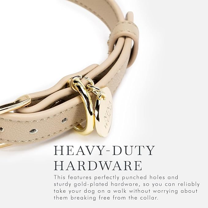 Cupertino Dog Collars, Harnesses & Leashes Made from Vegan Leather with Dog Tracker Device Holder Adjustable Dog Collar (Medium, Beige)-PawvioPets