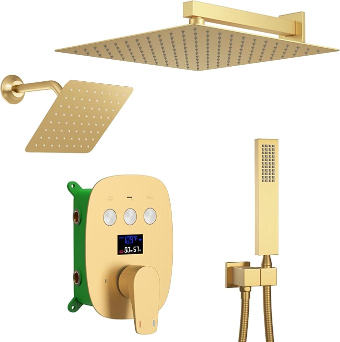 Brushed Gold Shower System Set Temperature Display Push Button Shower Faucet with 12 inch and 8 inch Wall Mount Full Body Shower Head and Handheld Shower-PawvioPets