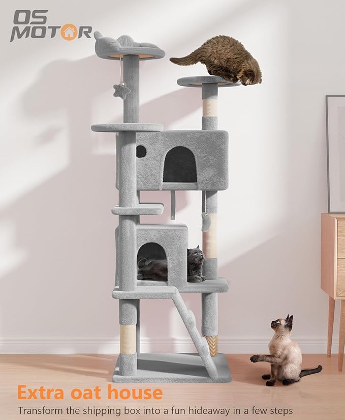 60'' Cat tree Tower for Indoor Cats Large Adult,Cute/Tall Modern Cat Tree for Big Cats 20 lbs,Plush Multi-Level Cat Condo with Scratching Posts,Dangling Ball for fun play(Light Gray, 60 inch)-PawvioPets