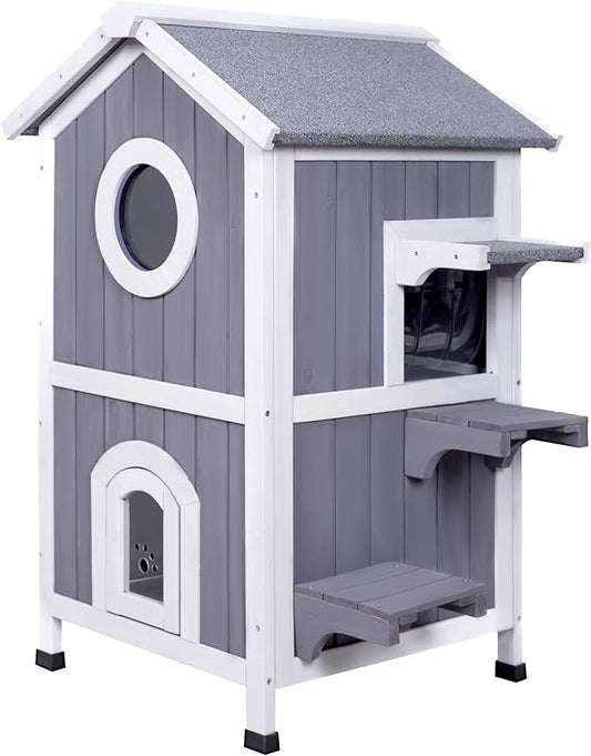 GEGURI Outdoor Cat House Weatherproof, Wooden Two-Story Feral Cat Shelter with Openable Roof, Escape Door, Balcony-PawvioPets