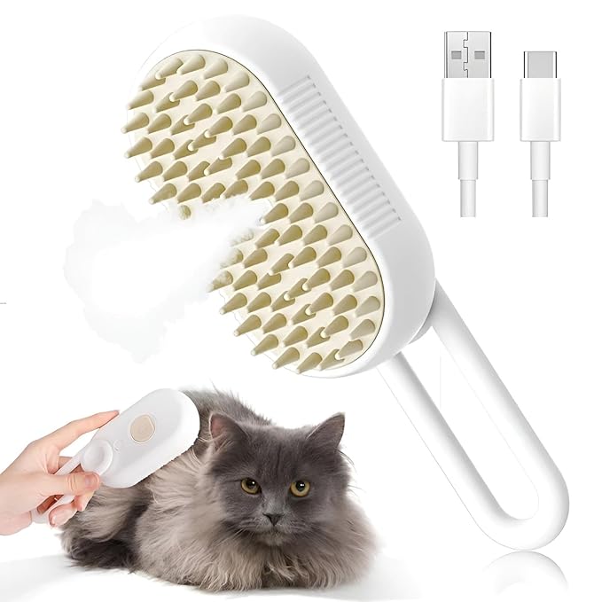 4-in-1 Cat Steam Brush for shedding – Self-Cleaning Comb for Long and Short Hair Cats and Dogs, Steam Pet Brush for Hair Removal, Vibrating Message, Grooming & Relaxation (White)-PawvioPets