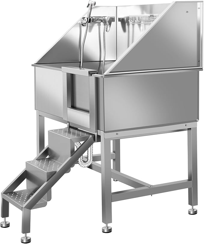 38" Dog Washing Station, Professional Stainless Steel Dog Bathing Station, Equipped with Three Anti-Slip Steps, Removable Door, Upgraded Spray Nozzle&Hose - Ideal for Home, Pet Grooming Salon,R-RAMP-PawvioPets