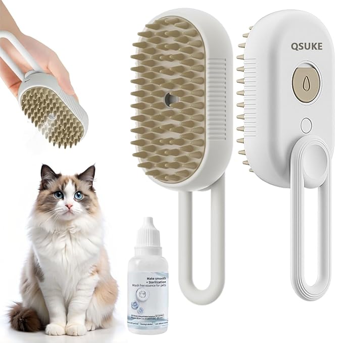 3 in 1 Cat Steam Brush, Pet Steam Cats Brushes Rechargeable Anti-Static Grooming Brushe, Vibration Massage Cleaning Shedding & Combing Multifunctional Hair Removal Comb for Cats Dog (White)-PawvioPets