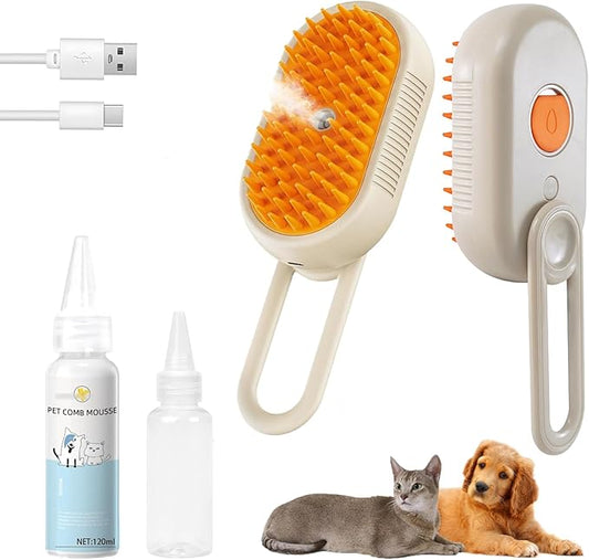 4-in1 Cat Steam Brush for Shedding & Grooming, Spray Hair Removal Comb with 1 Waterless Shampoo, Cat Brush for Massage, Pet Grooming Comb Hair Removal Tool for Cats and Dogs-PawvioPets