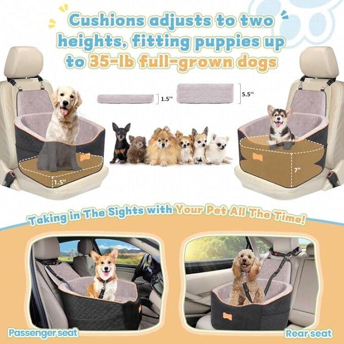 COCASES Dog Car Seats for Small Medium Dogs, Height-Adjustable Dog Booster Car Seat, Detachable and Washable Car Dog Bed with Seat Belt for Pet Under 35lbs Car Trip-PawvioPets