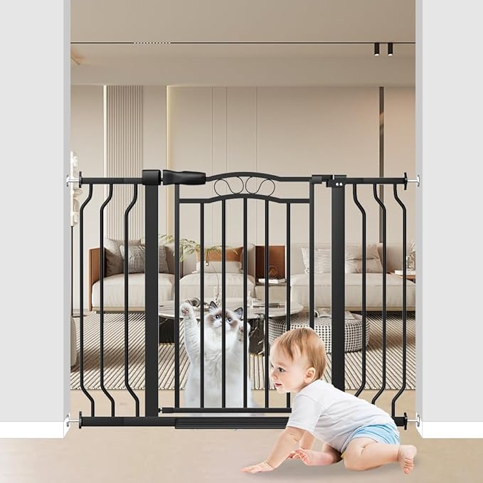 29.53"-43.30" Mornyray Auto-Close Baby Gate Extra Wide, Pressure Mounted Dog & Pet Gate for Stairs Doorways, No Drill Safety Barrier with Lace Design, Metal Child Proof Gate Indoor Outdoor, Black-PawvioPets