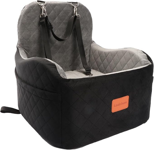 Dog Booster Car Seat for Small/Medium Dogs,6in Memory Foam Elevated Cushion,Fully Detachable and Washable,2 Clip-On Safety Leashes,Anti-Slip Base(Black/Grey,Medium)-PawvioPets