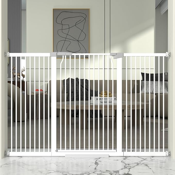 41" Extra Tall and Wide Baby Gate, 63-65.7'' Wide Pet Cat Gate for Doorway, Extra Wide Pressure Mounted Child Door with Expansion Kit, Metal Safe Gate, Tall Dog Gate, White-PawvioPets