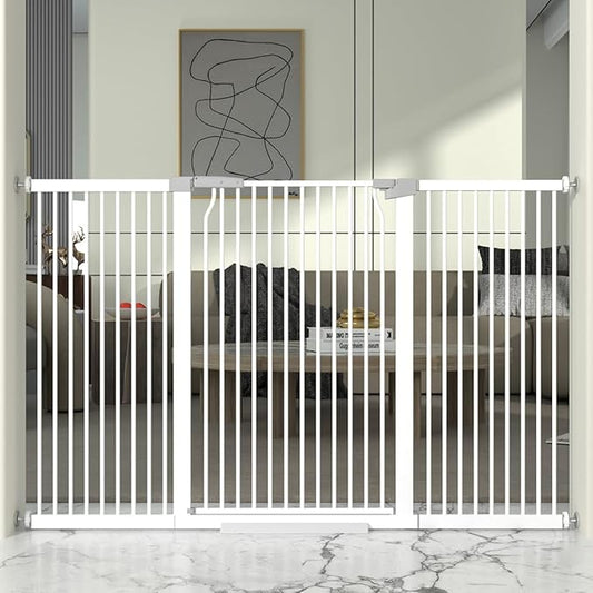 41" Extra Tall and Wide Baby Gate, 63-65.7'' Wide Pet Cat Gate for Doorway, Extra Wide Pressure Mounted Child Door with Expansion Kit, Metal Safe Gate, Tall Dog Gate, White-PawvioPets