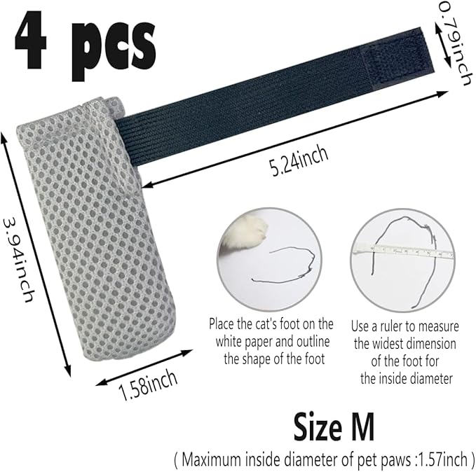 4 PCS Cat Mittens to Prevent Scratching,Mesh Breathable Cat Shoes,Adjustable Cats Anti Scratch Gloves,Suitable for Cats When Bathing and Nail Trimming(M,Grey)-PawvioPets