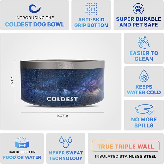 Coldest Dog Bowl - Anti Rust Metal, Non Slip, 3 Layers Insulated Stainless Steel Dog Bowls - Spill Proof & Heavy Duty - Water Bowl for Dogs, Cats & Pets, Dish Washer Safe (200 oz, Into The Beyond)-PawvioPets