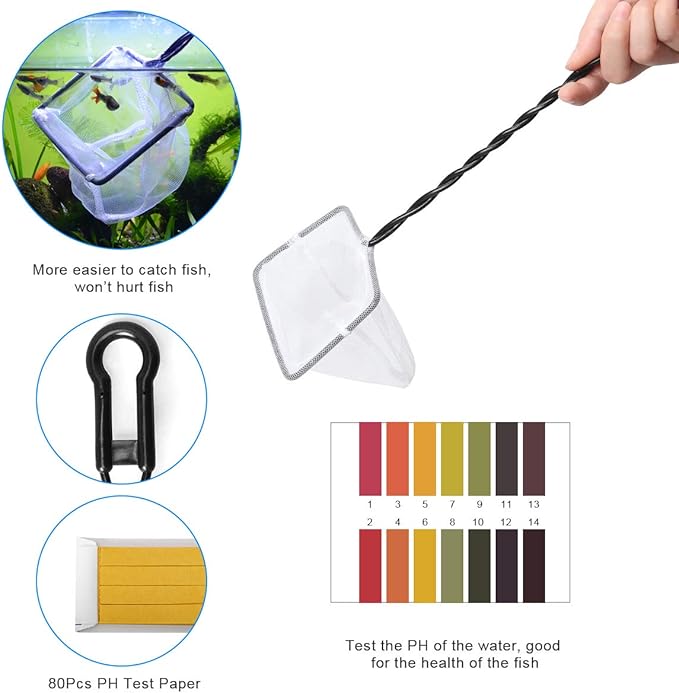 Extra Long Aquarium Aquascaping Tools Kit 8 in 1, Liveek Stainless Steel Aquarium Plant Tools Long Fish Tank Aquascape Tweezers Scissors Scrapers, PH Paper, Fish Net, Aquascape Clean Brush, Bag-PawvioPets