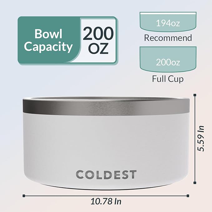 Coldest Dog Bowl - Anti Rust Metal, Non Slip, 3 Layers Insulated Stainless Steel Dog Bowls - Spill Proof & Heavy Duty - Water Bowl for Dogs, Cats & Pets, Dish Washer Safe (200 oz, Epic White)-PawvioPets