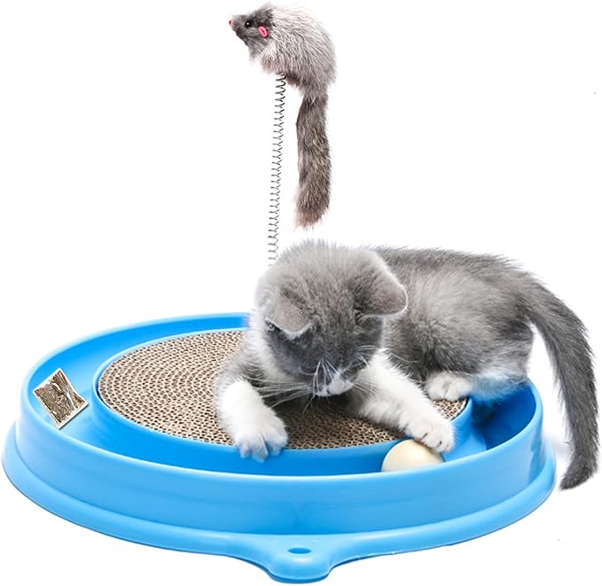 AUOON Cat Scratcher Toy - Cat Scratch Pad with Cat Toy Ball Track and Plush Mouse Toy for Indoor Cats and Kittens (Blue)-PawvioPets