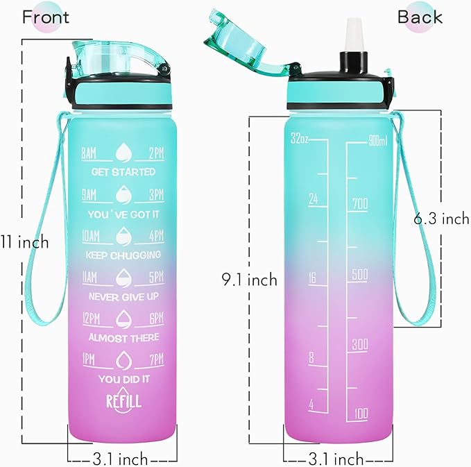 Enerbone Water Bottle, Leakproof BPA & Toxic Free, Motivational Water Bottle with Times to Drink and Straw, Fitness Sports Water Bottle with Strap for Office, Gym, Outdoor Sports-PawvioPets