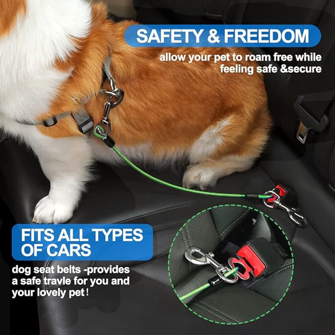 Dog Seat Belt Harness for Car,Dog Seatbelt of Coated Wire Leash Safety Restraint,No Chew Tether Cable Vehicle,Double Clips & Latch(Green, 24 inch/60 CM)-PawvioPets