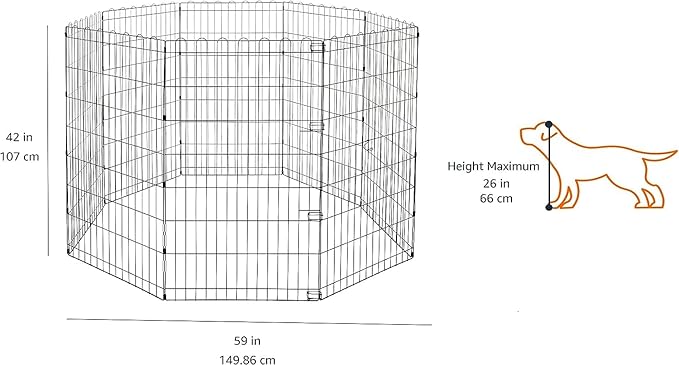 Amazon Basics Foldable Octagonal Metal Exercise Dog Playpen - Indoor/Outdoor, No Door, Large (8 Panels, 24 x 42), Easy to assemble, store, and customize, 42" - Large, Black-PawvioPets