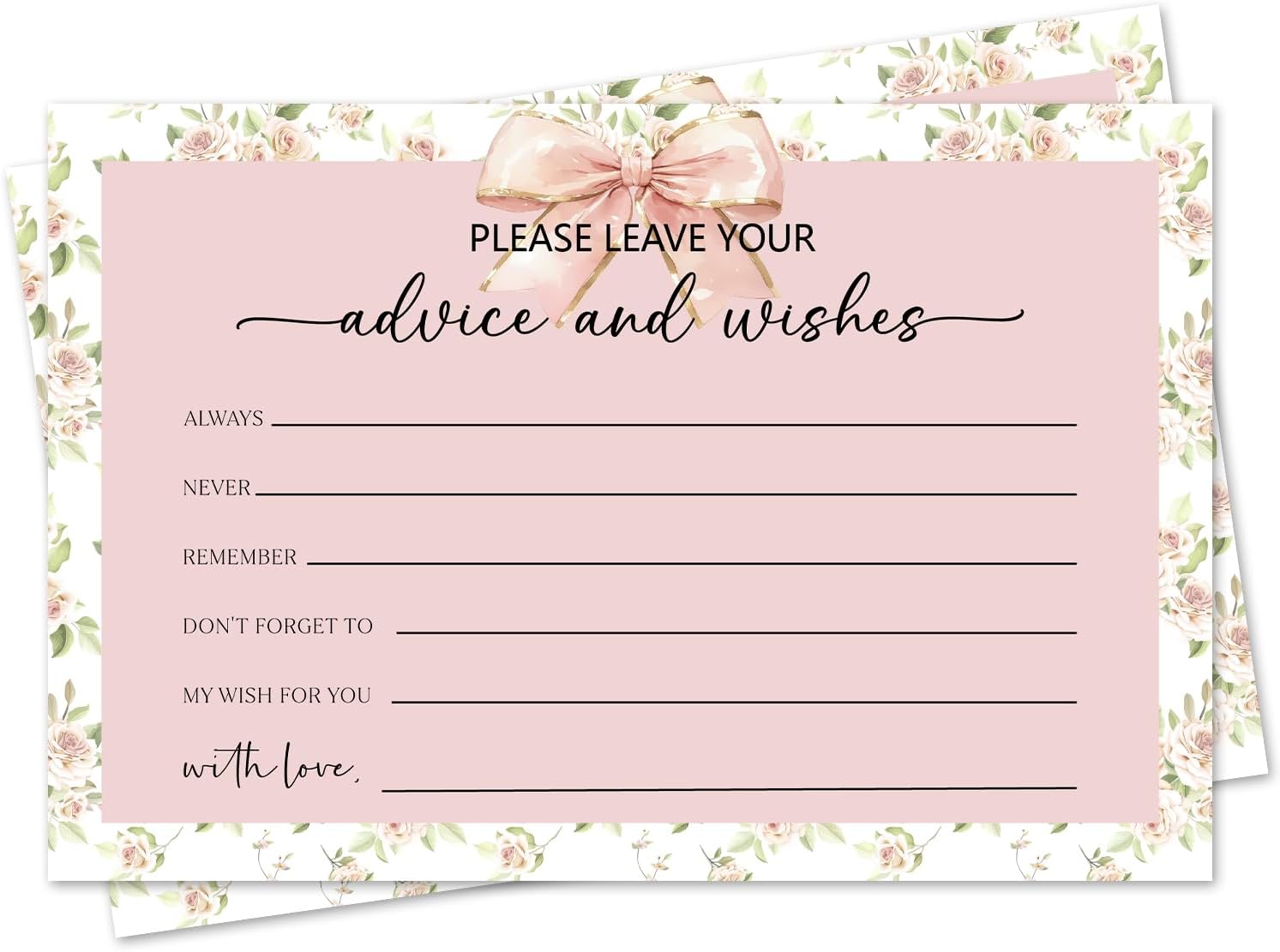 Pink Bow Advice and Wishes Card, Flower Advice Cards for The Bride and Groom, Bridal Shower,Wedding or Baby Shower, Birthday, Graduation, Retirement, Guestbook - 25 Cards -11