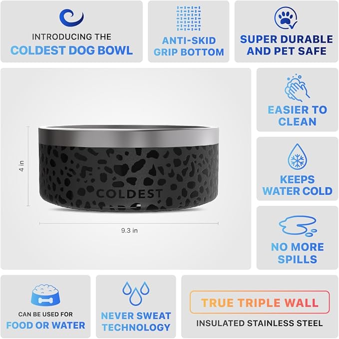 Coldest Dog Bowl - Anti Rust Metal, Non Slip, 3 Layers Insulated Stainless Steel Dog Bowls - Spill Proof & Heavy Duty - Water Bowl for Dogs, Cats & Pets, Dish Washer Safe (100 oz, Black Leopard)-PawvioPets