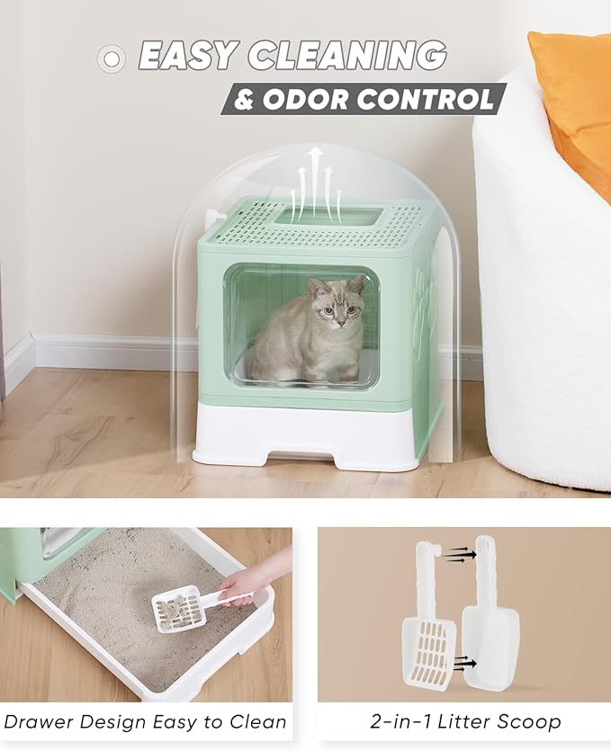 Enclosed Cat Litter Box, Large Litter Box for Big Cats, Covered Kitty Litter Boxes with Lid, Top Entry Cat Box Enclosure with Scoop, Odor Control, Easy to Clean(Green)-PawvioPets