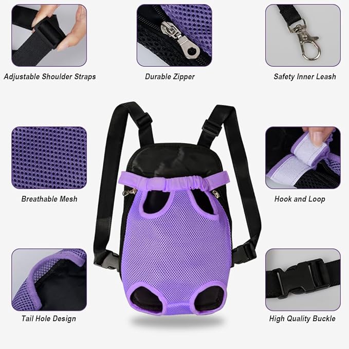 FEimaX Dog Carrier Backpack Pet Legs Out Front Cat Travel Bag, Adjustable Puppy Backpacks Carriers Hands-Free for Small Medium Dogs Cats Hiking Traveling Camping Daily Walking (Medium, Purple)-PawvioPets