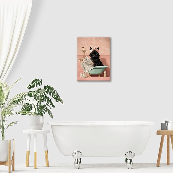 Cat Bathroom Wall Decor Black Cat Reading Newspaper in Bathtub Canvas Wall Art Funny Bathroom Pictures Kitten Painting Print Pink Artwork Framed Decorations Gifts 24"x20"-PawvioPets
