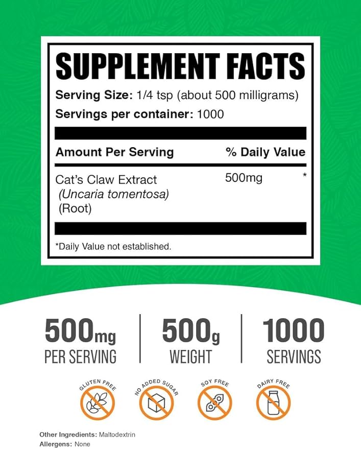 BulkSupplements.com Cat's Claw Extract Powder - Cat's Claw Supplement, Cats Claw Powder - Herbal Supplement, Gluten Free, 500mg per Serving, 500g (1.1 lbs) (Pack of 1)-PawvioPets