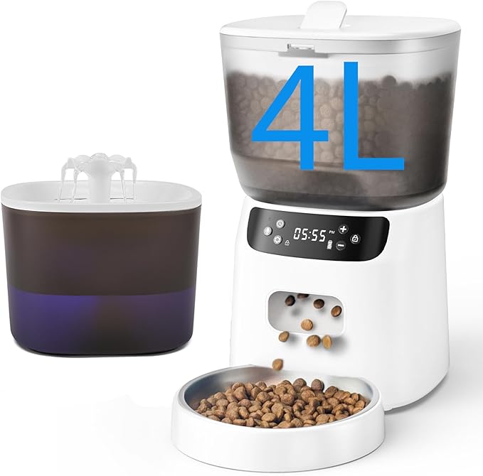Automatic Cat Feeder and Water Fountain, 4L/16 Cups Timed Cat Dry Food Dispenser, 10s Meal Call, 20 Portions 6 Meals Per Day, 2L Cats Fountains for Drinking with Filter, Pet Feeder for Dog White-PawvioPets