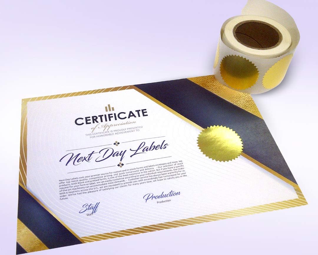 NextDayLabels Gold Seals for Certificates, Gold Metallic Embossing Stickers with Serrated Edge for Certificates, Packaging and Envelopes - 2 Inch Round, 250 Stickers Per Roll - Made in The USA