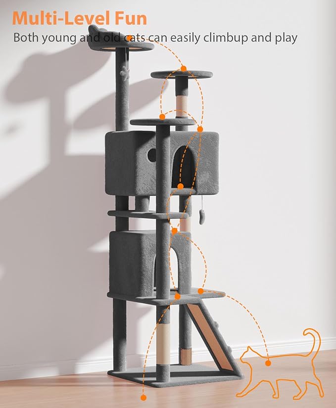 77'' Cat Tree Tower for Indoor Cats Large Adult, Cute/Tall Modern Cat Tree for Big Cats 20 lbs, Plush Multi-Level Cat Condo with Scratching Posts, Dangling Ball (Smoky Gray, 77 inch)-PawvioPets