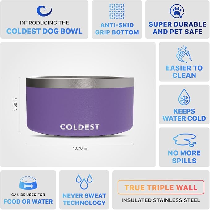 Coldest Dog Bowl - Anti Rust Metal, Non Slip, 3 Layers Insulated Stainless Steel Dog Bowls - Spill Proof & Heavy Duty - Water Bowl for Dogs, Cats & Pets, Dish Washer Safe (200 oz, Galaxy Purple)-PawvioPets