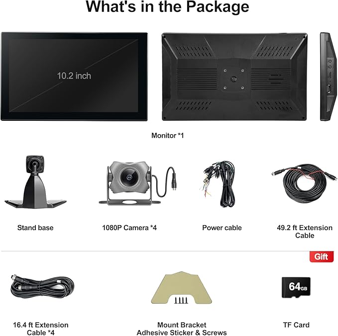 4-Channel 1080P Backup Camera for Truck/RV/Semi Trailer/Van/Cars 10.2inch Touch Monitor with DVR Recording/Playback/Bluetooth/FM Radio/Music/Video Player-PawvioPets