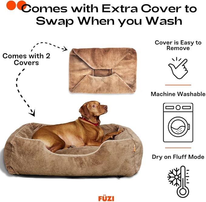FUZI Luxury Aesthetic Dog Bed with Extra Cover for Large Dogs, Washable Pet Couch, Pet Bed with Sides, Non-Slip Bottom, Soft & Durable Calming Dog Bed, Faux Rabbit Fur, Large 35.6x28.5x9.5 Light Brown-PawvioPets
