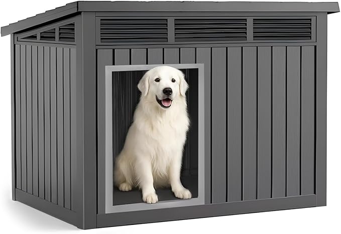Dog House Indoor Outdoor,Resin Waterproof Puppy Shelter with Air Vents and Elevated Floor-PawvioPets