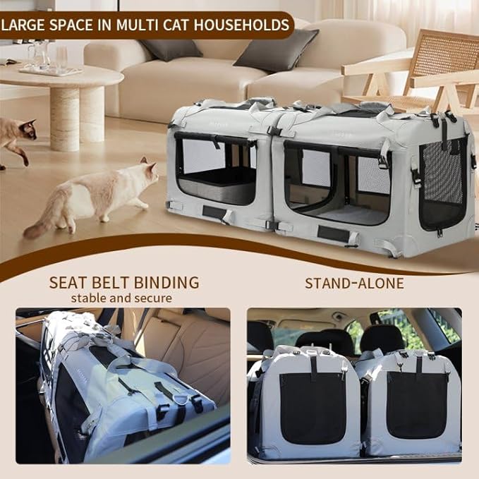 Extra Large Cat Carrier Soft Sided, Portable Small Dog Carrier for 2 Cats, 24"x16.5"x16" Car Travel Folding Comfortable Design with Litter Box and Bowls, Grey-2+ Litter Box+ Bowl*2-PawvioPets